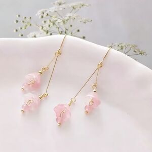 Pink Glass Flower Drop Earrings Romantic Dainty Dangle Jewelry